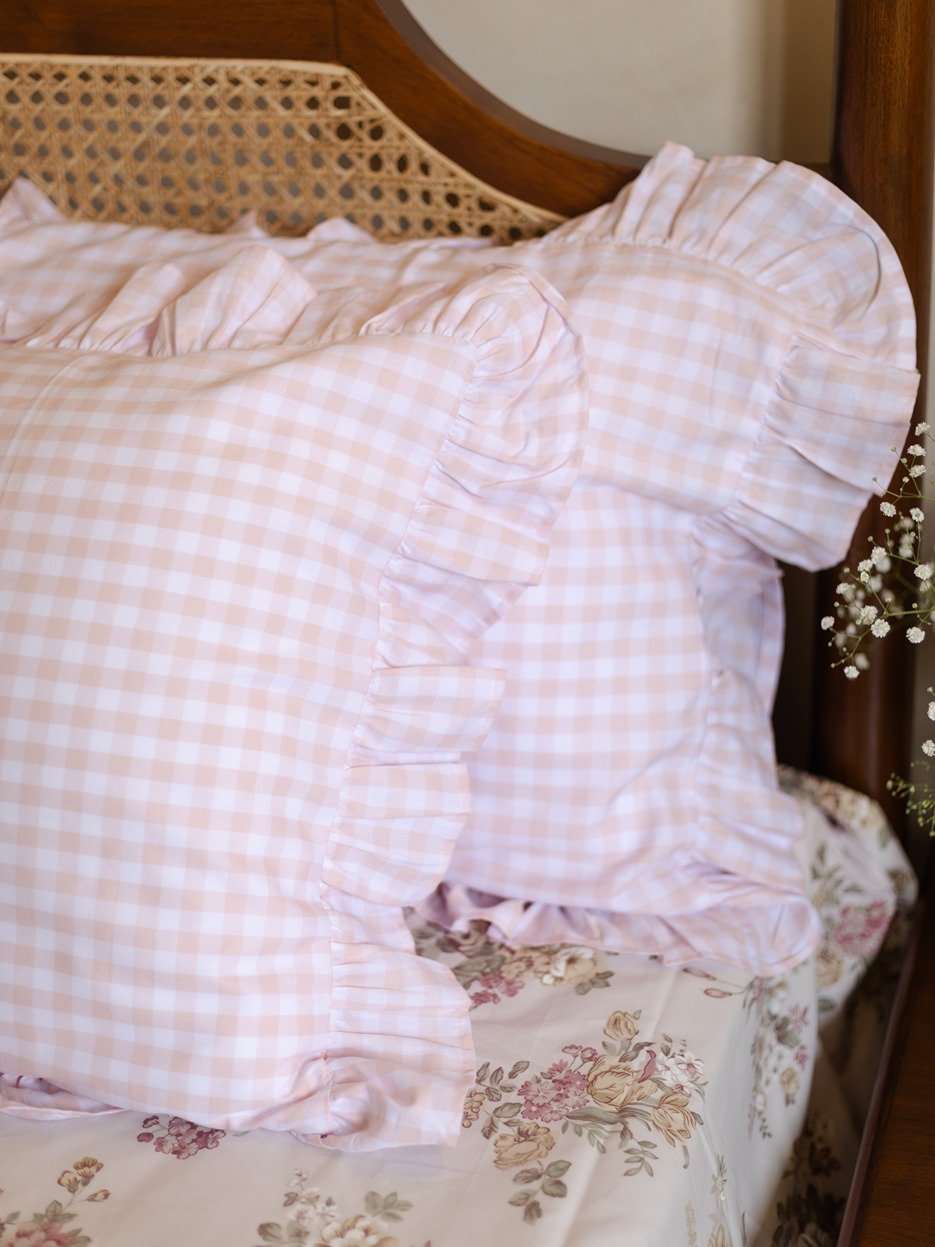 Pillow Covers - Light Pink Gingham with ruffled edges (Set of 2 units)