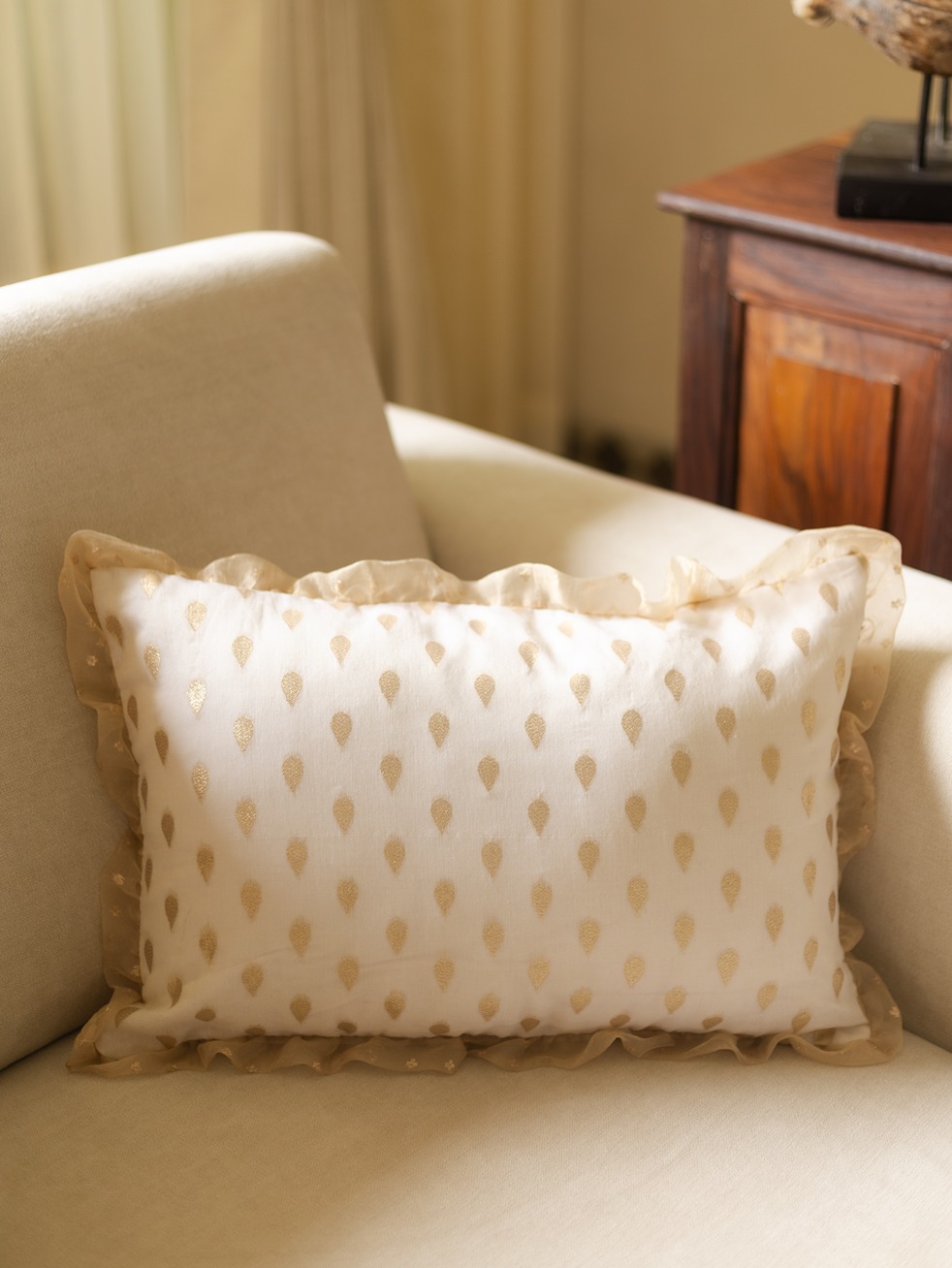 Lumbar Cushion Covers - Festive - Off white with organza frills (12