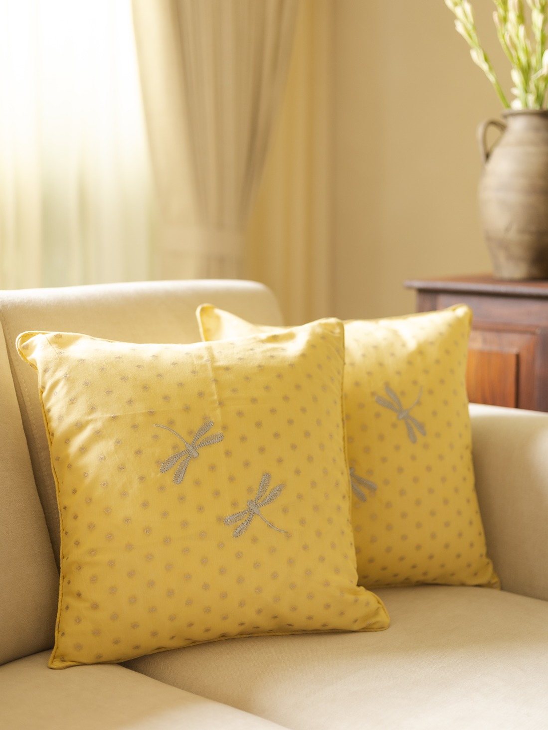 Cushion Covers - Festive - Yellow with dragonflies (16
