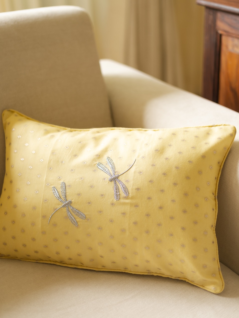 Lumbar Cushion Covers - Festive - Yellow with dragonflies (12