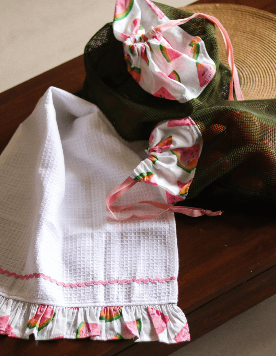 Reusable Veggie Bag - Pink watermelon themed on green jute cotton