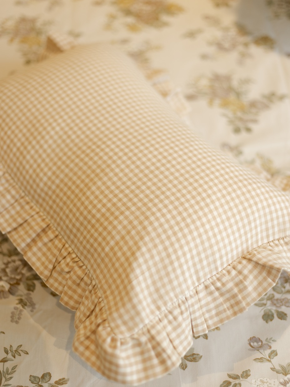 Lumbar Cushion Covers - Beige Gingham with ruffles (12