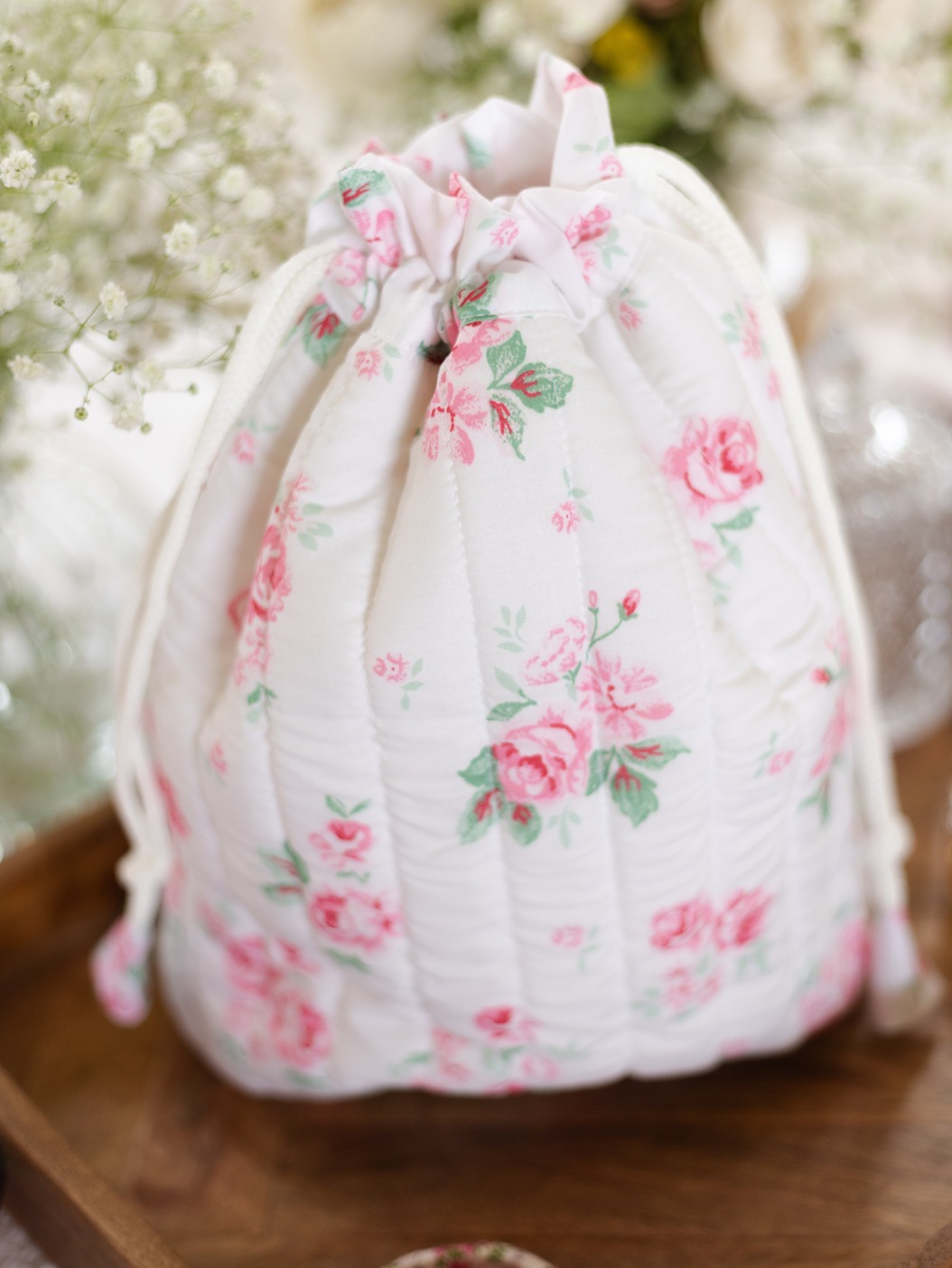Quilted Drawstring Bag - Floral Bliss (Size: 12