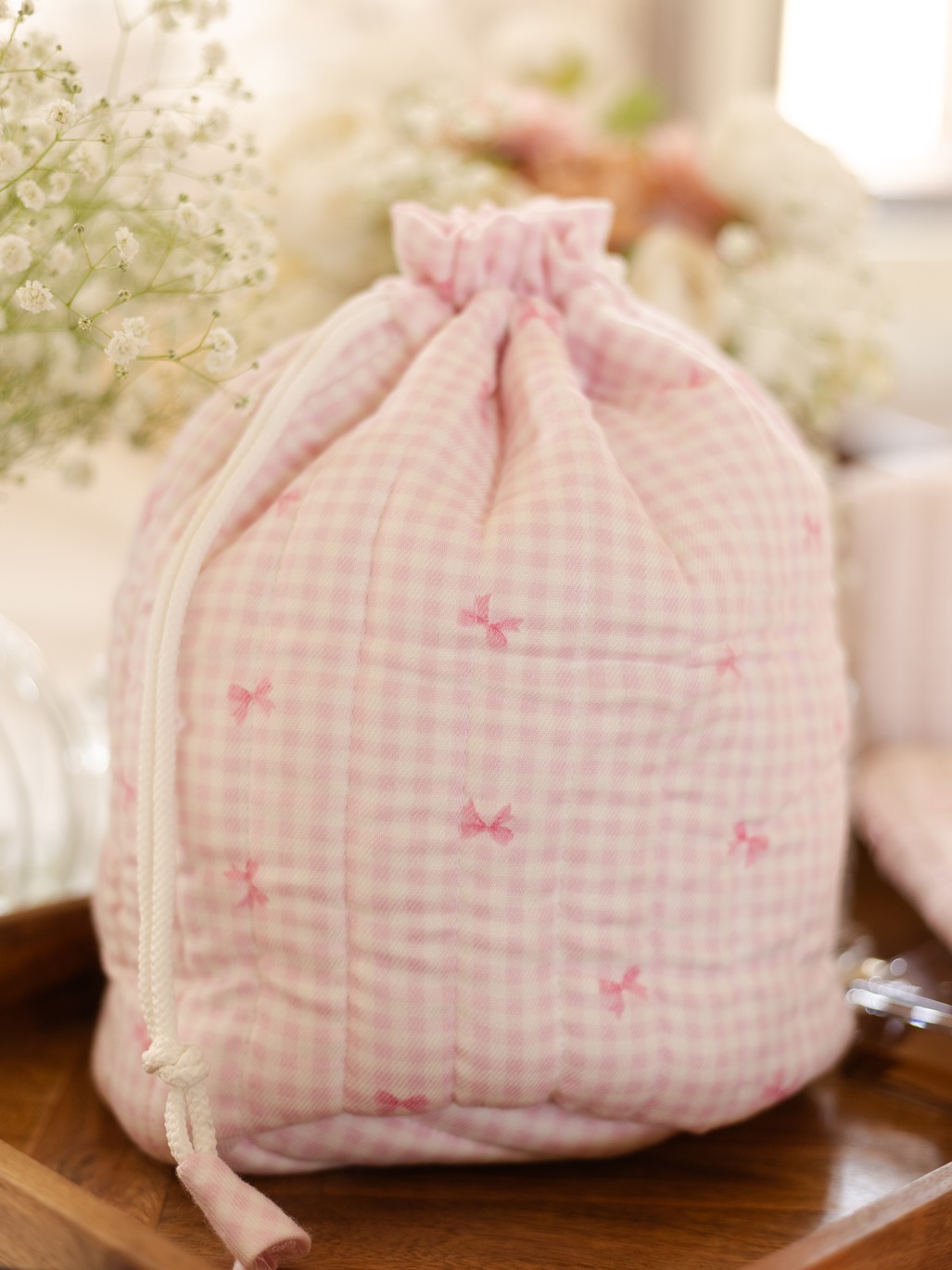 Quilted Drawstring Bag - Sweet Bow (Size: 12