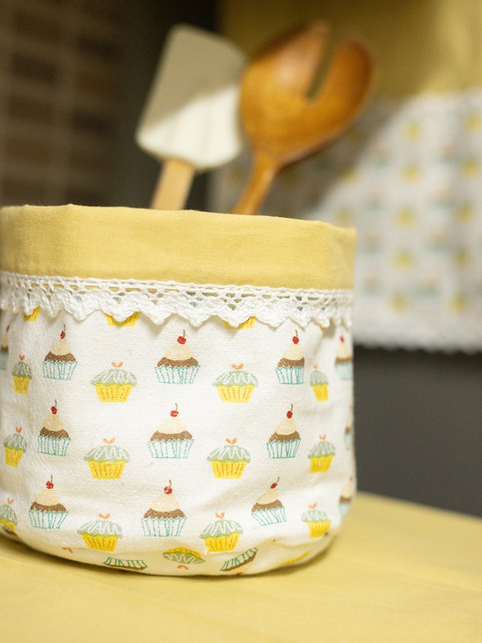 Fabric Baskets - Yellow cupcake themed (Reversible )