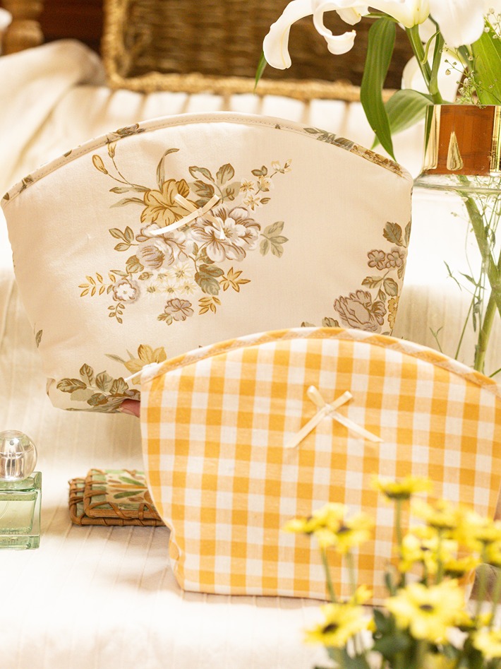 Multipurpose Pouch / Cosmetic Kit - Cottage Blossoms - Beige and Mustard - Set of Two (Medium & Large)
