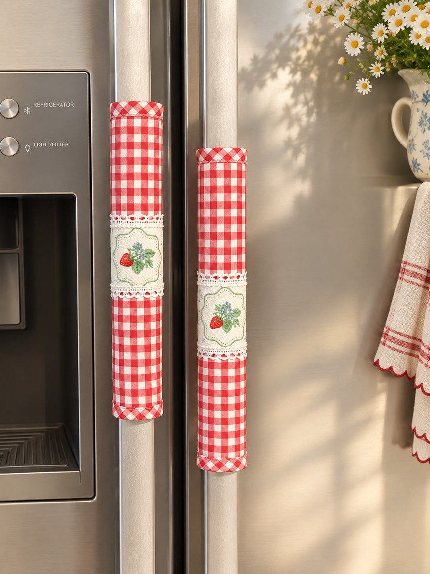 Fridge Handle Covers - Red gingham with strawberry (set of 2)