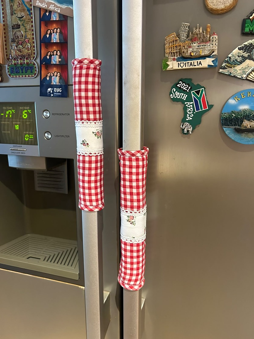 Fridge Handle Covers - Red gingham with pretty little florals (set of 2)