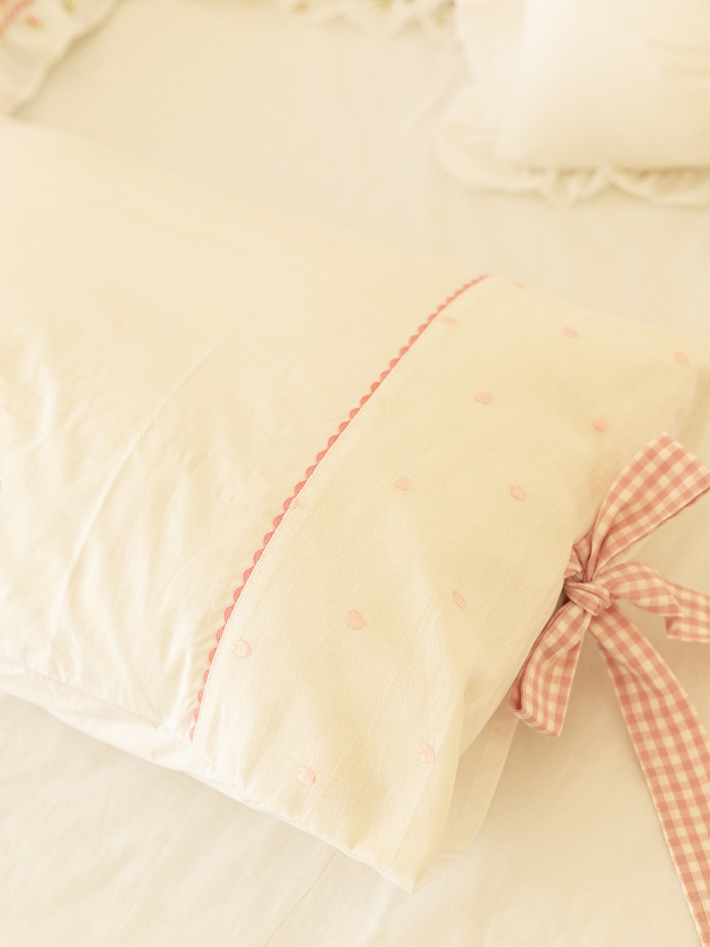 Pillow Covers - White with pink polka and gingham detailing (Set of 2 units)
