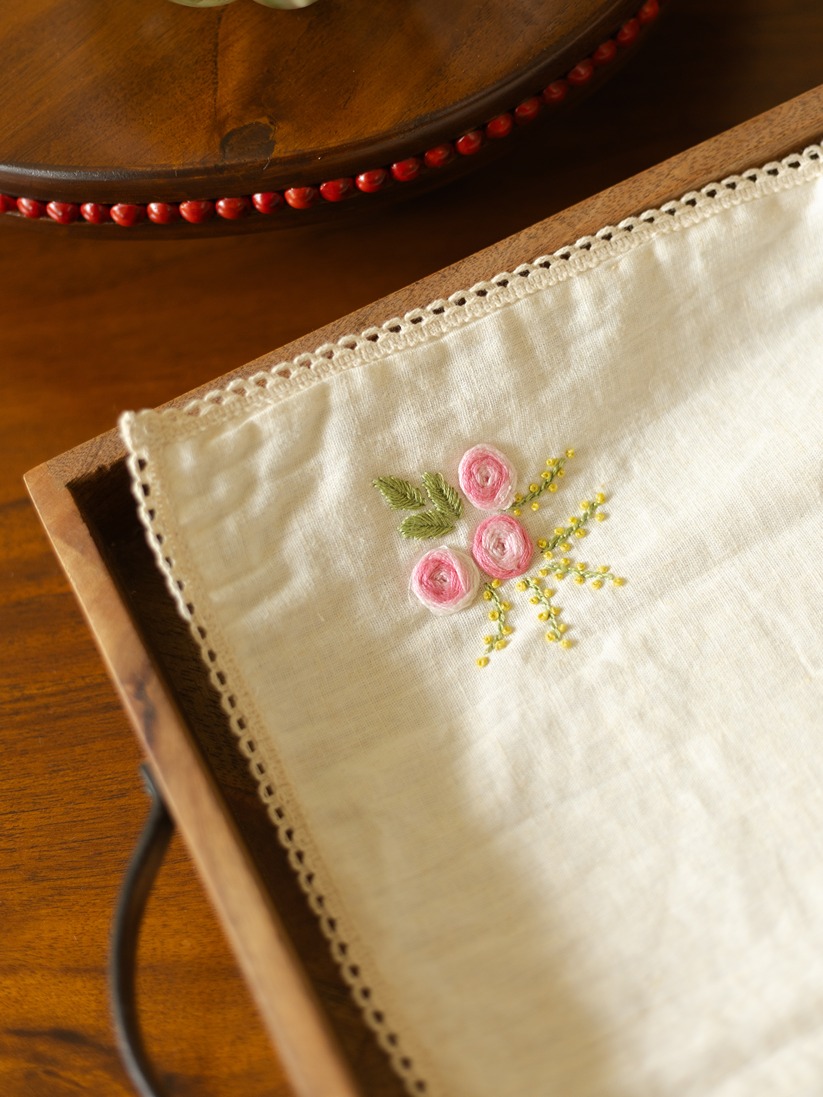 Hand Embroidered Tray Cloth - Cream with pink floral hand embroidery - Small - (Size: 12