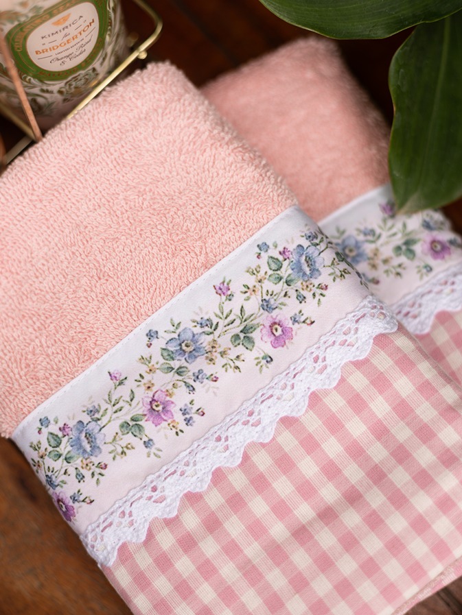 Hand Towel - Light pink with pink gingham and floral band (Size: 16