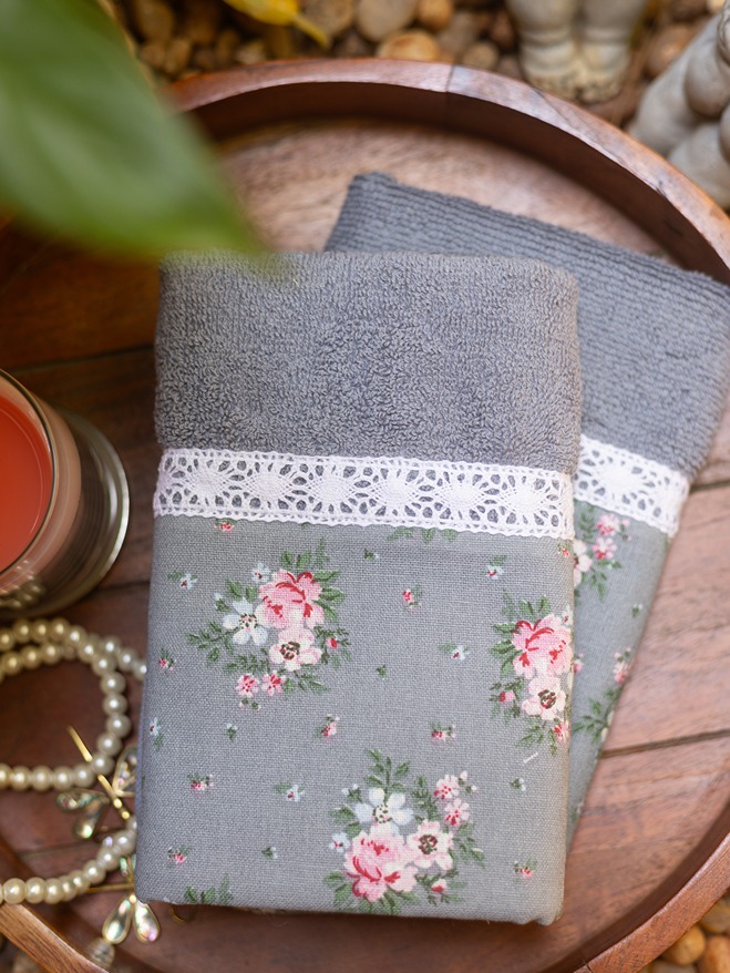 Hand Towel - Dark Grey - Dainty Grey Floral (Size: 16