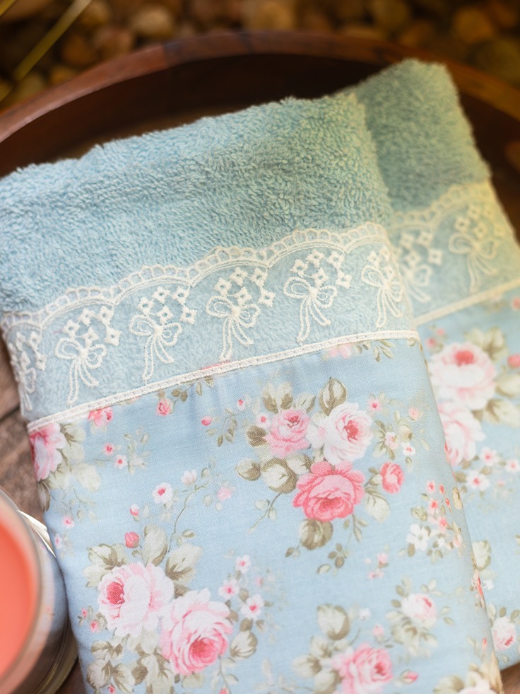 Hand Towel - Light Blue - Whimsical Rose - organza lace with bow detailing (Size: 16