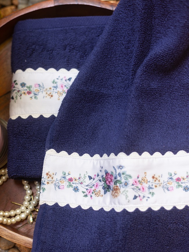 Hand Towel - Navy Blue - with floral band and ric-rac (Size: 16