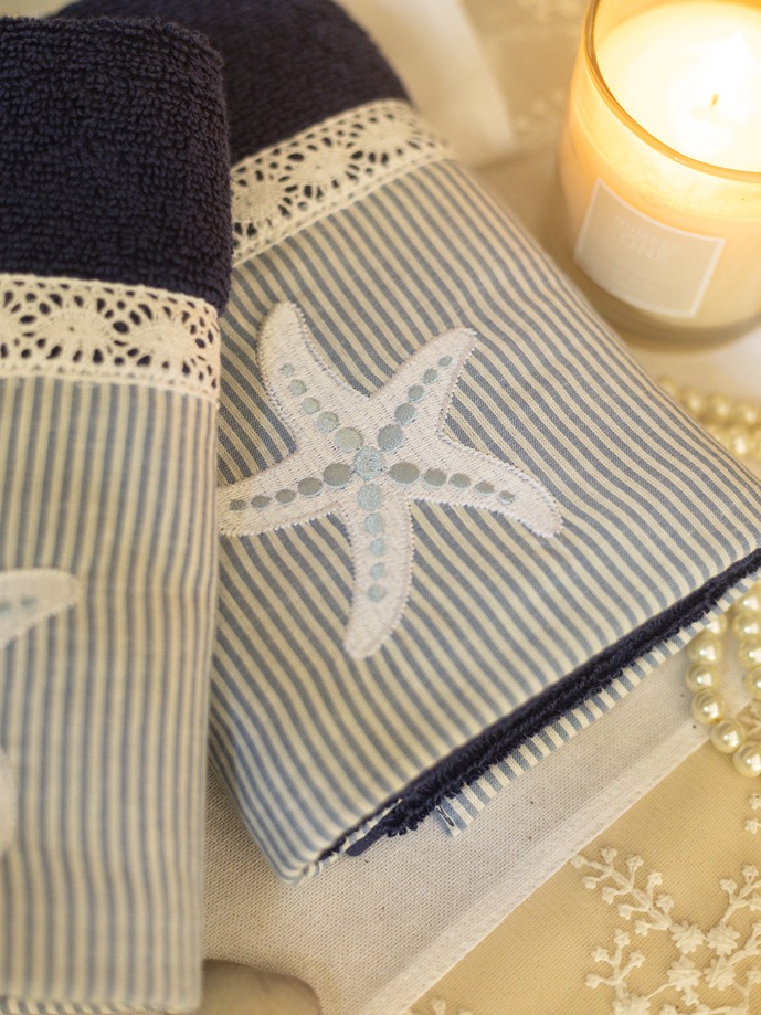 Hand Towel - Navy Blue - stripes and starfish (Size: 16