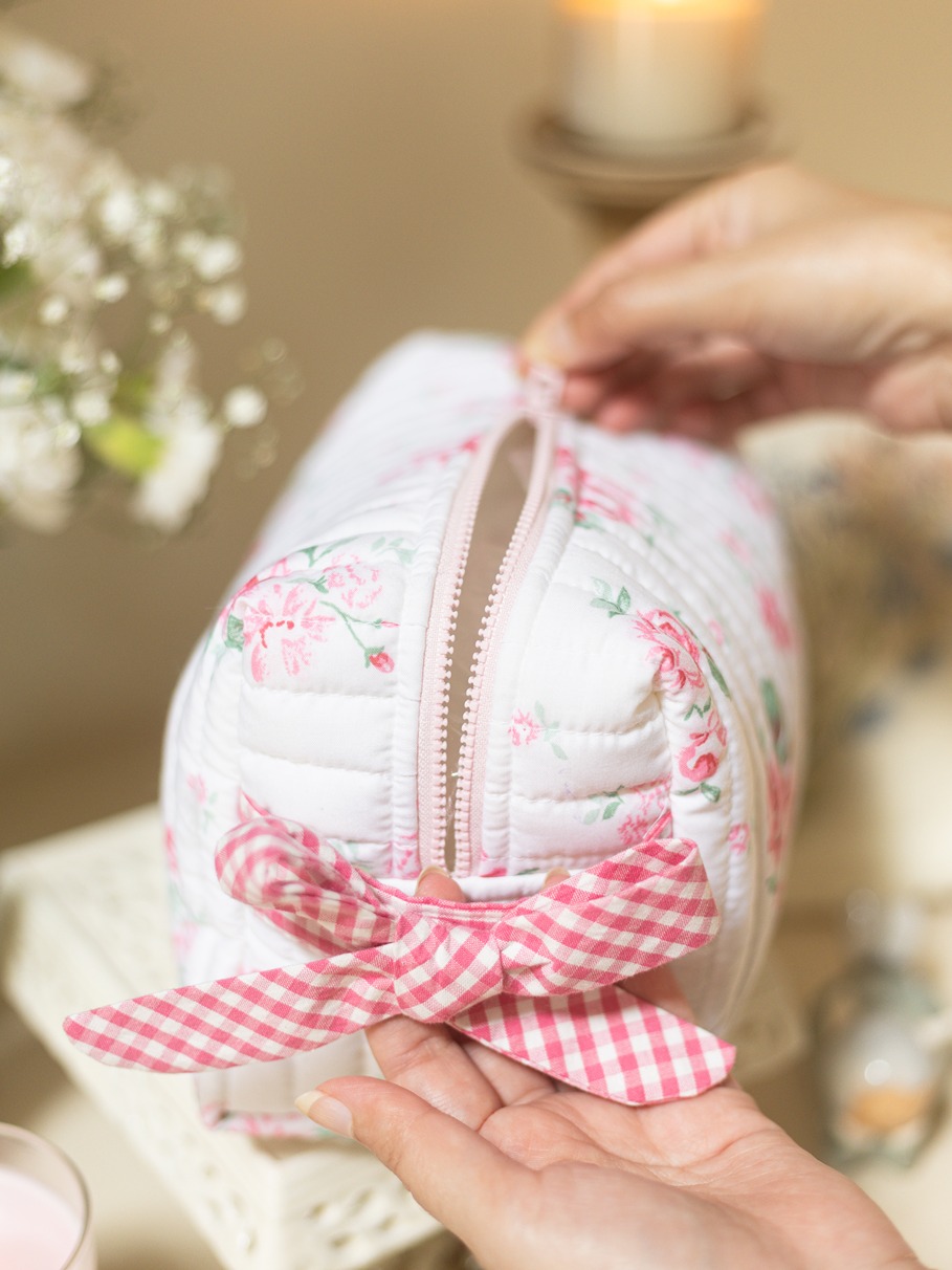 Quilted Multipurpose Pouch / Cosmetic Kit - Floral Bliss with Pink Gingham Bow (Large size: 9