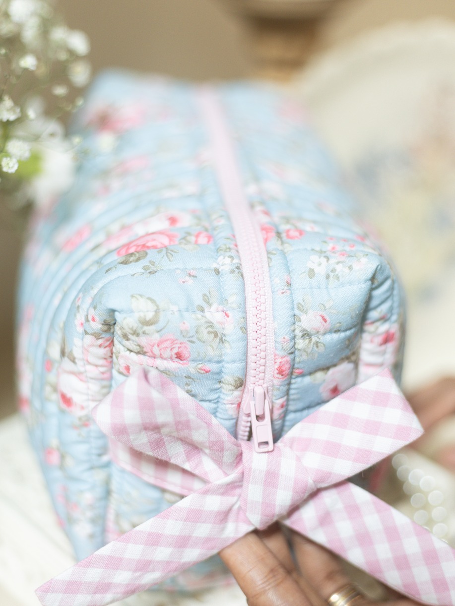 Quilted Multipurpose Pouch / Cosmetic Kit - Whimsical Rose with pink gingham bow (Large size: 9