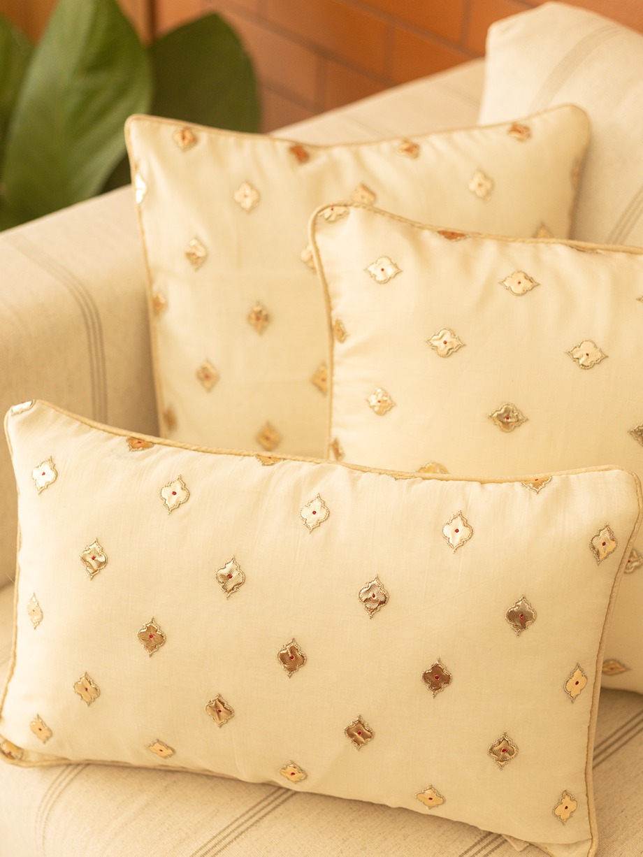 Lumbar Cushion Covers - Festive - Ivory Chanderi (12