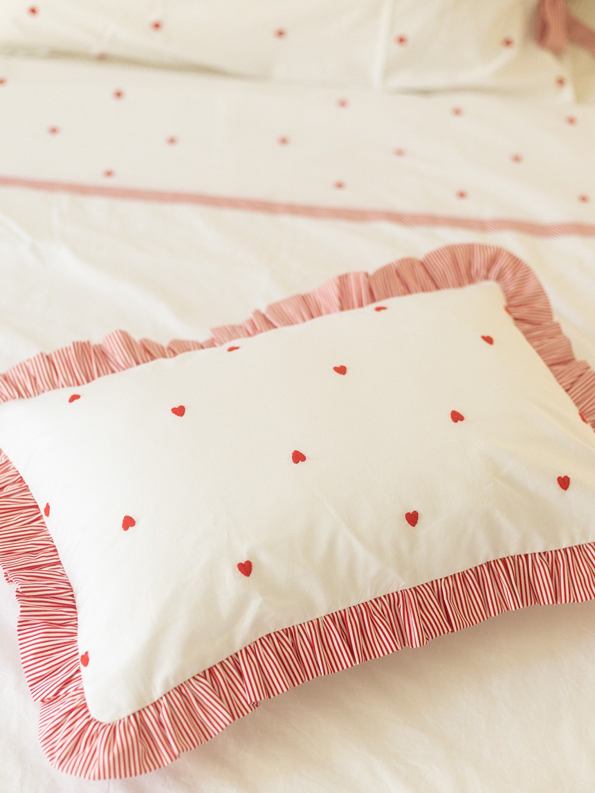 Lumbar Cushion Covers - Red Heart Embroidery with ruffles around (12