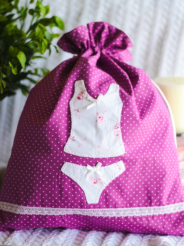Drawstring Bag - Purple polka with slip and panty detailing (Size: 12