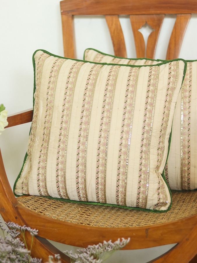 Cushion Covers - Festive - Beige with green embroidery detailing - 16