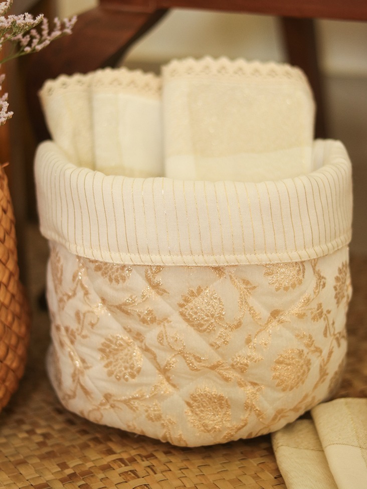 Quilted Fabric Baskets - Festive - Floral & Stripes (Two-in-one) (Reversible )